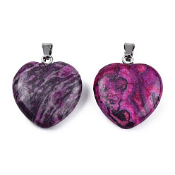 Medium Violet Red Natural Map Stone Pendants, with Stainless Steel Color Tone Stainless Steel Snap On Bails, Heart Charm, Dyed & Heated, Medium Violet Red, 22~22.5x20~20.5x6mm, Hole: 2.5x5mm