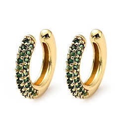Green Cubic Zirconia C-Shaped Cuff Earrings, Gold Plated Brass Jewelry for Non-pierced Ears, Cadmium Free & Lead Free, Green, 14x15x3mm