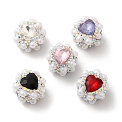 Mixed Color Polymer Clay Rhinestone Beads, with Imitation Pearl, Heart, Mixed Color, 17.5x17x14mm, Hole: 1.6mm