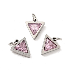Plum 304 Stainless Steel Pendants, with Cubic Zirconia and Jump Rings, Single Stone Charms, Triangle, Stainless Steel Color, Plum, 11x9.5x3mm, Hole: 3.6mm