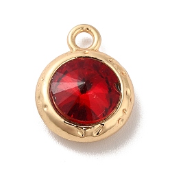 Red Glass Pendants, Rack Plating Golden Alloy Findings, Nickel Free, Flat Round Charms, Red, 15x11.5x6mm, Hole: 2mm