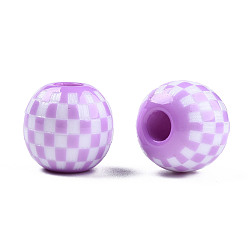 Plum Opaque Resin European Beads, Large Hole Beads, Round with Tartan Pattern, Plum, 19.5x18mm, Hole: 6mm