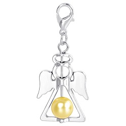Champagne Yellow Alloy Angel Pendant Decorations, with CCB Imitation Pearl, Champagne Yellow, 4.4x1.9cm