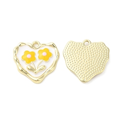 White Alloy Eanmel Pendants, Heart with Flower Charm, Golden, White, 18x18x2.5mm, Hole: 1.6mm