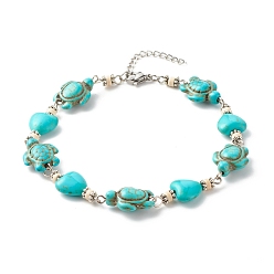 Cyan Bracelet de cheville perlé turquoise synthétique cœur et tortue, bracelet de cheville réglable pour femme, platine, cyan, 10 pouce (25.5 cm)