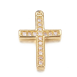 Golden Brass Micro Pave Cubic Zirconia Charms, Latin Cross, Golden, 15x10x2mm, Hole: 1mm