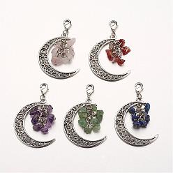 Mixed Color Natural Gemstone Big Pendants, with Alloy Pendants and Brass Lobster Claw Clasps, Mixed Metal Color, Moon, Mixed Color, 55mm