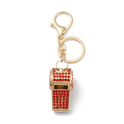 Rubis Porte-clés pendentif sifflet strass en alliage de zinc brillant, pour les ornements de breloques de sac de clé de voiture, ruby, 11.9 cm