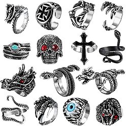 Antique Silver 15Pcs 15 Style Evil Eye & Dragon & Cross & Leather & Skull & Snake & Claw Alloy Open Cuff Rings, Gothic Chunky Rrings with Rhinestone for Men Women, Antique Silver, US Size 8(18.1mm), 1Pc/style