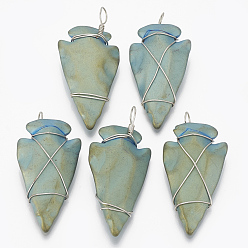 Green Plated Electroplated Non-magnetic Synthetic Hematite Pendants, with Platinum Tone Brass Findings, Matte Style, Arrows, Green Plated, 46~53.5x22~25x7~9.5mm, Hole: 5~6x3.5~5mm