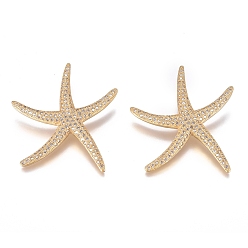 Golden Brass Micro Pave Cubic Zirconia Pendants, Long-Lasting Plated, Starfish, Clear, Golden, 45.5x40x10mm, Hole: 5mm