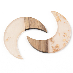 Clear Transparent Resin & Walnut Wood Pendants, with Gold Foil, Moon, Clear, 38x30x3mm, Hole: 2mm