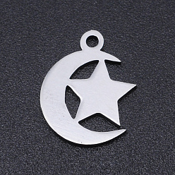 Stainless Steel Color 201 Stainless Steel Laser Cut Charms, Star with Moon, Stainless Steel Color, 14x12x1mm, Hole: 1.5mm