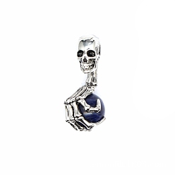 Lapis Lazuli Pendentifs en alliage de lapis-lazuli naturel crâne d'halloween, breloques de main squelette avec boule de sphère de pierres précieuses, argent antique, 43x19mm