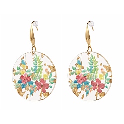 Colorful Transparent Epoxy Resin Flat Round with 3D Printed Flower Pattern Dangle Earrings, with Gold Foil, with 316 Surgical Stainless Steel Hooks, Colorful, 65mm, Pin: 0.7mm