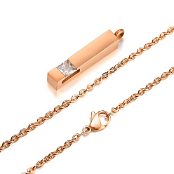 Rose Gold Clear Cubic Zirconia Cuboid Urn Ashes Pendant Necklace, Stainless Steel Memorial Jewelry for Women, Rose Gold, 19.69 inch(50cm)