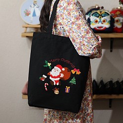 Colorful DIY Christmas Santa Claus Pattern Black Canvas Tote Bag Embroidery Kit, including Embroidery Needles & Thread, Cotton Fabric, Plastic Embroidery Hoop, Colorful, 390x340x100mm