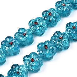 Dark Turquoise Transparent Handmade Bumpy Lampwork Beads Strands, with Silver Glitter, Flower, Dark Turquoise, 13.5~14.5x14.5x8.5~10mm, Hole: 0.8~1.6mm, about 35pcs/strand, 18.50 inch~19.37 inch(47cm~49.2cm)