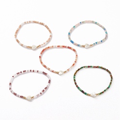 Couleur Mélangete Bracelets extensibles en perles de verre rondelles à facettes, avec des perles coeur en coquillage naturel et des perles rondes en laiton, couleur mixte, diamètre intérieur: 2-1/4 pouce (5.8 cm)