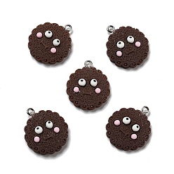 Coconut Brown Opaque Resin Pendants, with Platinum Tone Iron Loops, Imitation Food, Biscuits with Face, Coconut Brown, 25x21.5x6mm, Hole: 2mm
