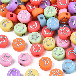 Silver Plated Opaque Mixed Color Acrylic Beads, Metal Enlaced, Flat Round with Silver Star & Flower & Moon & Heart, 7x4mm, Hole: 1.5mm, about 3600pcs/500g