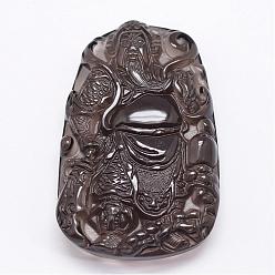 Negro Cristal natural de hielo de obsidiana carven colgantes, Kwan kung, negro, 57x36x10 mm, agujero: 1 mm