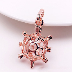 Or Rose Pendentifs cage à perles en laiton, pour faire des colliers à pendentif carillon, breloque tortue creuse, or rose, 29x20.5x15mm, Trou: 9.5x4mm
