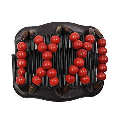 Red Plastic Hair Bun Maker, Stretch Double Hair Comb, with Wood Beads, Red, 80x105mm