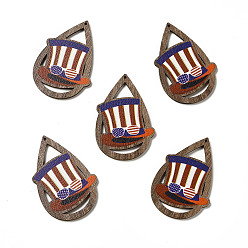 Hat Colgantes de madera de álamo impreso de una sola cara con tema de la bandera americana, encanto de lágrima, patrón de sombrero, 49.5x34x2.5 mm, agujero: 1.6 mm