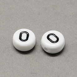 Letter O Perles de lettres à trous horizontaux acryliques blanches et noires, rond et plat avec letter.o, 7x4mm, Trou: 1.3mm, environ3600 pcs / 500 g