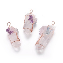 Pierre Mélangete Cristal de quartz naturel gros pendentifs, avec des éclats de pierre mélangés et des découvertes en laiton, nuggets, or rose, 58~105x22~35mm, Trou: 5~12mm