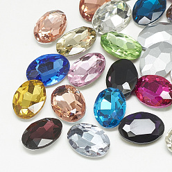 Mixed Color Pointed Back Glass Rhinestone Cabochons, Faceted, Oval, Mixed Color, 14x10x4.5mm