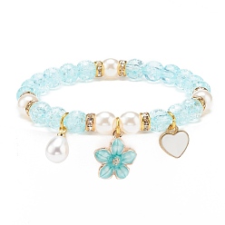 Turquoise Pâle Bracelet extensible imitation perle acrylique, bracelet à breloques en alliage émail coeur fleur pour femme, turquoise pale, diamètre intérieur: 2-1/4 pouce (5.6 cm)