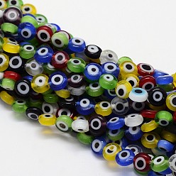 Color mezclado Hechos a mano de cristal de murano mal de ojo planas hebras de perlas redondas, color mezclado, 6x3 mm, agujero: 1 mm, sobre 65 unidades / cadena, 14 pulgada
