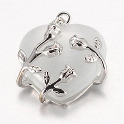 White Cat Eye Pendants, with Brass Findings, Heart, Platinum Color, White, 23x21x9mm, Hole: 5x4mm