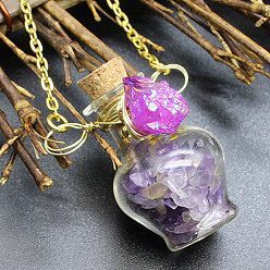 Amethyst Natural Amethyst Chips Perfume Bottle Necklace, Glass Pendant Necklace with Alloy Chains for Women, 19.69 inch(50cm)