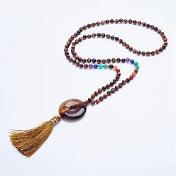 Tiger Eye Natural Tiger Eye Beaded Necklaces, with Tassel Pendants, 30.7 inch~32.3 inch(78cm~82cm)