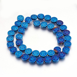 Blue Plated Electroplate Non-magnetic Synthetic Hematite Bead Strands, Frosted, Flat Round with Leaf, Blue Plated, 9.5~10.5x4mm, Hole: 1mm, about 41pcs/strand, 15.9 inch(40.5cm)