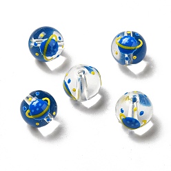 Bleu Foncé Perles lampwork, perles au chalumeau, faits à la main, rond avec motif planète, bleu foncé, 12~12.5x13~13.5mm, Trou: 1.8~2mm