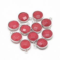 Indian Red Natural White Jade Pendants, with Brass Findings, Faceted, Dyed, Flat Round, Platinum, Indian Red, 19~21x15~16x6~7mm, Hole: 2mm