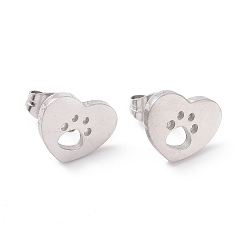 Stainless Steel Color 304 Stainless Steel Heart with Dog Paw Print Stud Earrings for Women, Stainless Steel Color, 9x11x1.5mm, Pin: 0.8mm