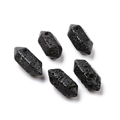 Lave Pendentifs pointus à double borne en pierre de lave naturelle, breloque balle à facettes, 18.5~20x8~9x8~9mm, Trou: 1.5mm