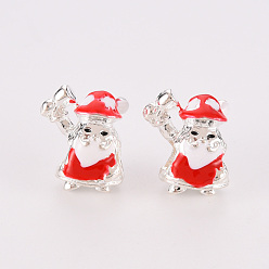 Red Christmas Alloy Enamel European Beads, Santa Claus, Large Hole Beads, Silver, Red, 17x13.5x12mm, Hole: 5mm