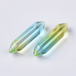Cyan Two Tone Glass Double Terminated Point Beads, No Hole/Undrilled, Bullet, Cyan, 30~32x8~9x8mm