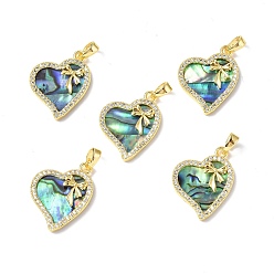 Real 18K Gold Plated Abalone Shell/Paua Shell Pendants, with Brass & Glass Findings, Asymmetrical Heart with Bowknot Charm, Real 18K Gold Plated, 20.5x16x2.5mm, Hole: 4.5x2mm