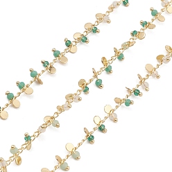 Real 18K Gold Plated Brass Link Chains, with Medium Aquamarine Beads & Flat Round Charms, Unwelded, with Spool, Real 18K Gold Plated, 3x2x0.2mm