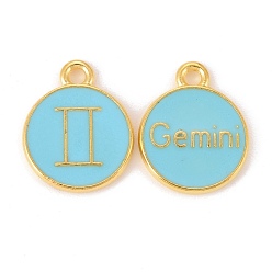 Gémeaux Pendentifs en émail , plat rond avec constellation / signe du zodiaque, or, bleu ciel, gemini, 15x12x2mm, Trou: 1.5mm