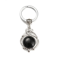 Obsidienne Porte-clés pendentif obsidienne naturelle, plat rond, avec les accessoires en laiton, argent antique et platine, 65~66mm