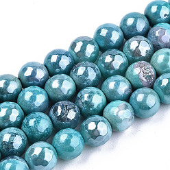 Turquoise Electroplate Natural Agate Beads Strands, Dyed, Faceted, Pearl Luster Plated, Round, Turquoise, 8.5x7~8mm, Hole: 1.2mm, about 47~48pcs/strand, 13.78 inch~13.98 inch(35cm~35.5cm)