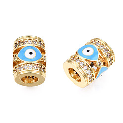 Deep Sky Blue Brass Micro Pave Cubic Zirconia Beads, with Enamel, Real 18K Gold Plated, Column with Evil Eye, Nickel Free, Deep Sky Blue, 11.5x9.5mm, Hole: 4.5mm